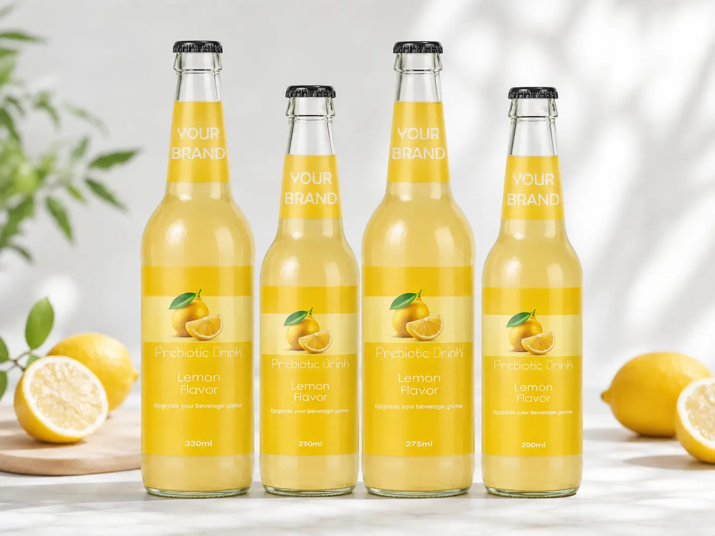 PREBIOTIC DRINK Lemon Flavor 330ml, 250ml, 275ml and 200ml glass bottles.